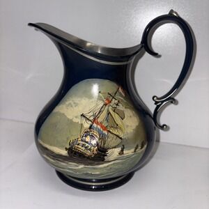 Royal Holland Pewter Hand Painted Pitcher Ship Navy Blue‎